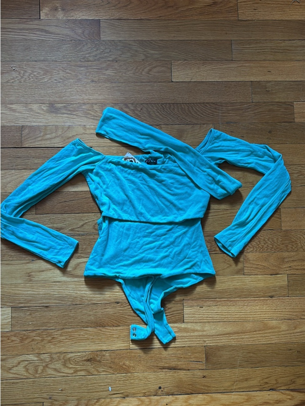 NWT Naked Wardrobe Turquoise Off-Shoulder Long Sleeve Bodysuit